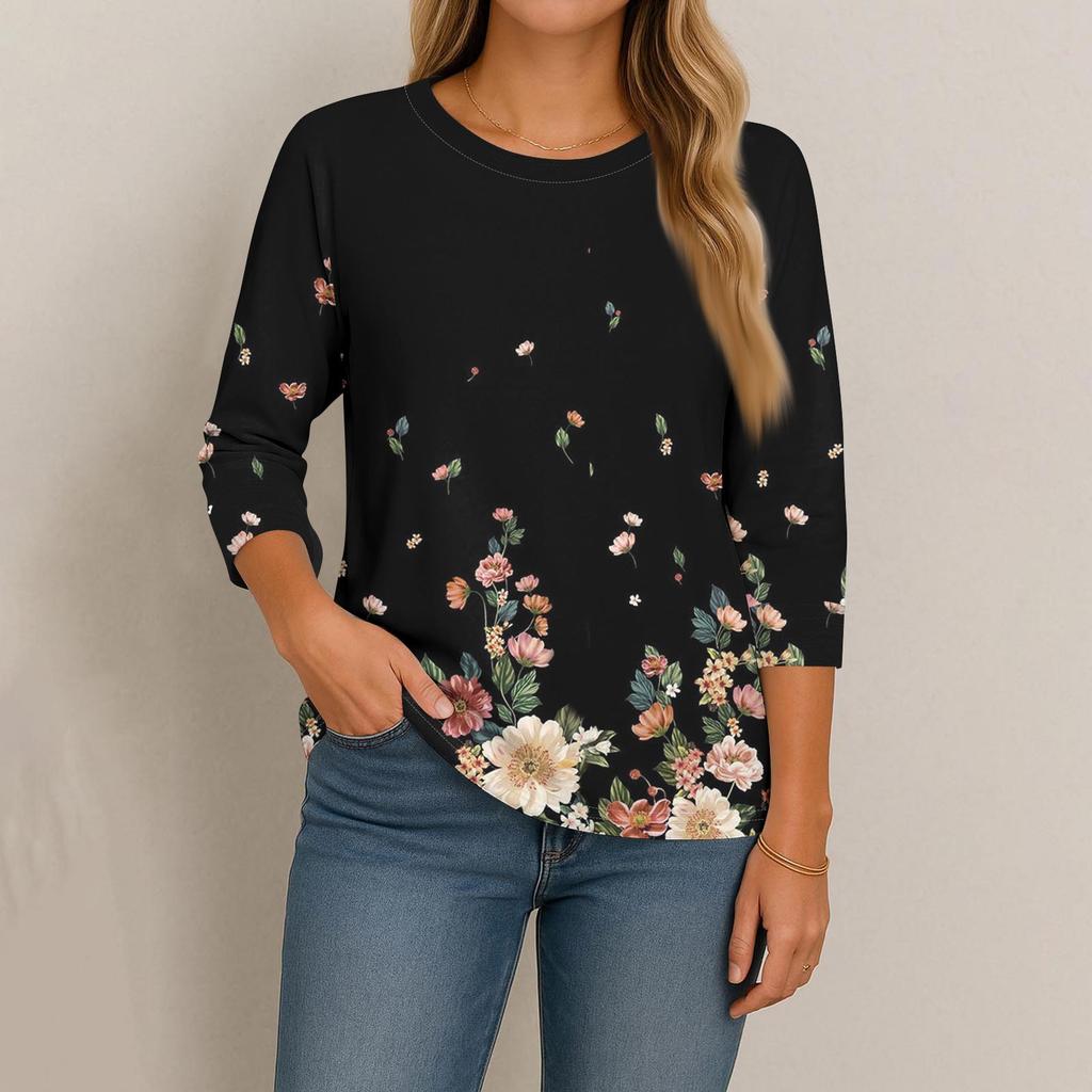 Женская модная повседневная свободная футболка с круглым вырезом и рукавами 3/4 с принтом, женский топ