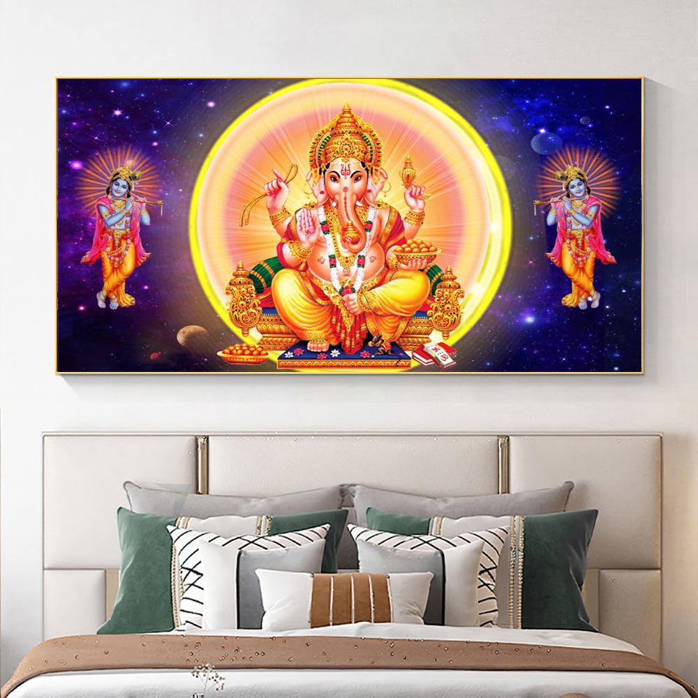 Solid Wood Frame Abstract Elephant God Vintage Hindu Lord Ganesha Canvas Painting Posters and Prints Wall Art Pictures Home Decor