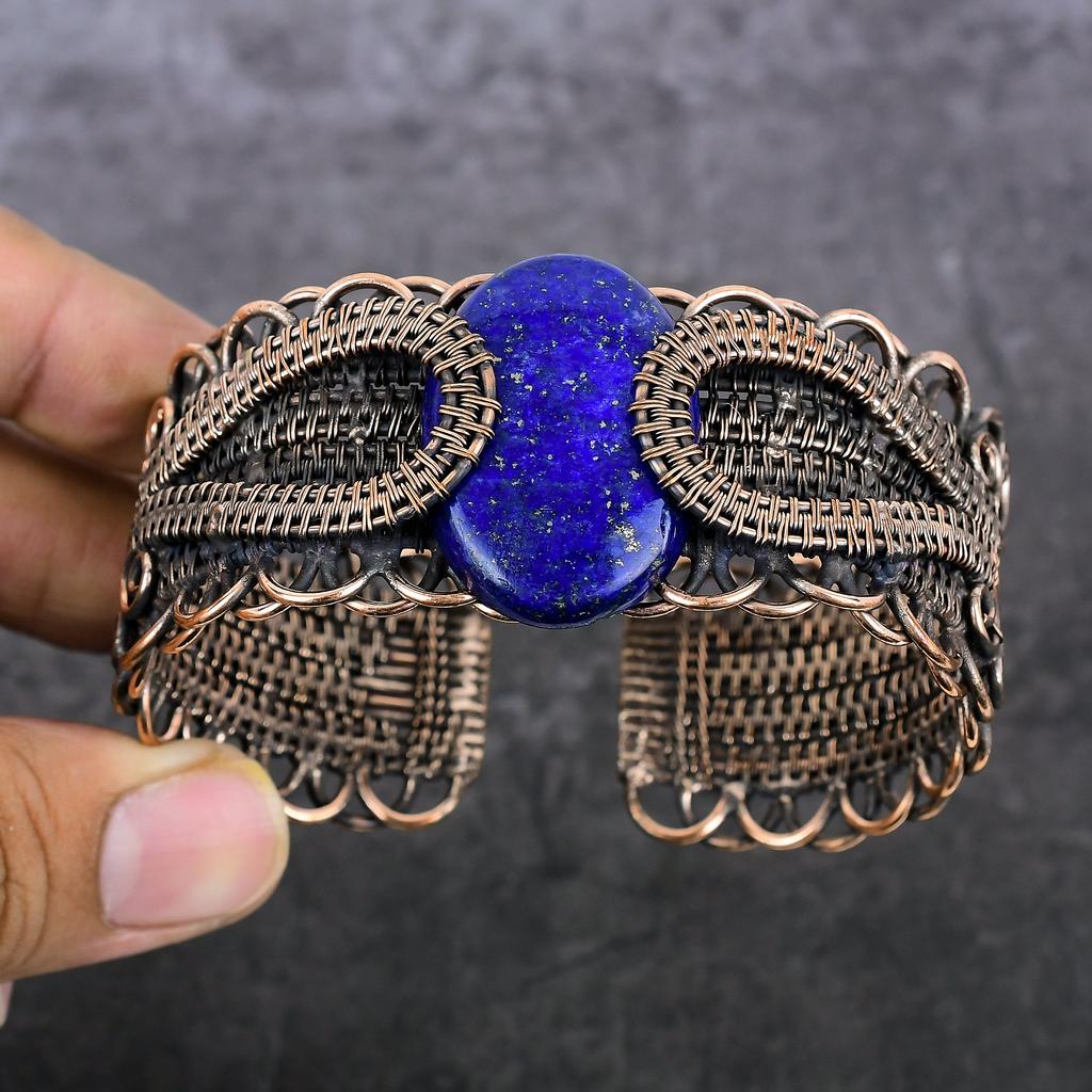Natural Lapis Lazuli Gemstone Copper Wire Wrap Cuff Bangle Adjustable C3t90