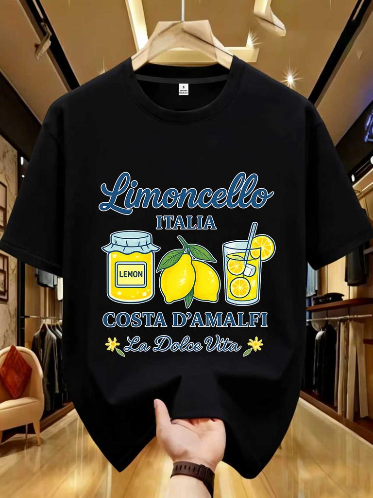 Unisexs Retro Style TShirt Limoncello Lemon Liqueur Print Crew Neck Short Sleeve Polyester Tops with Refreshing Text Tops