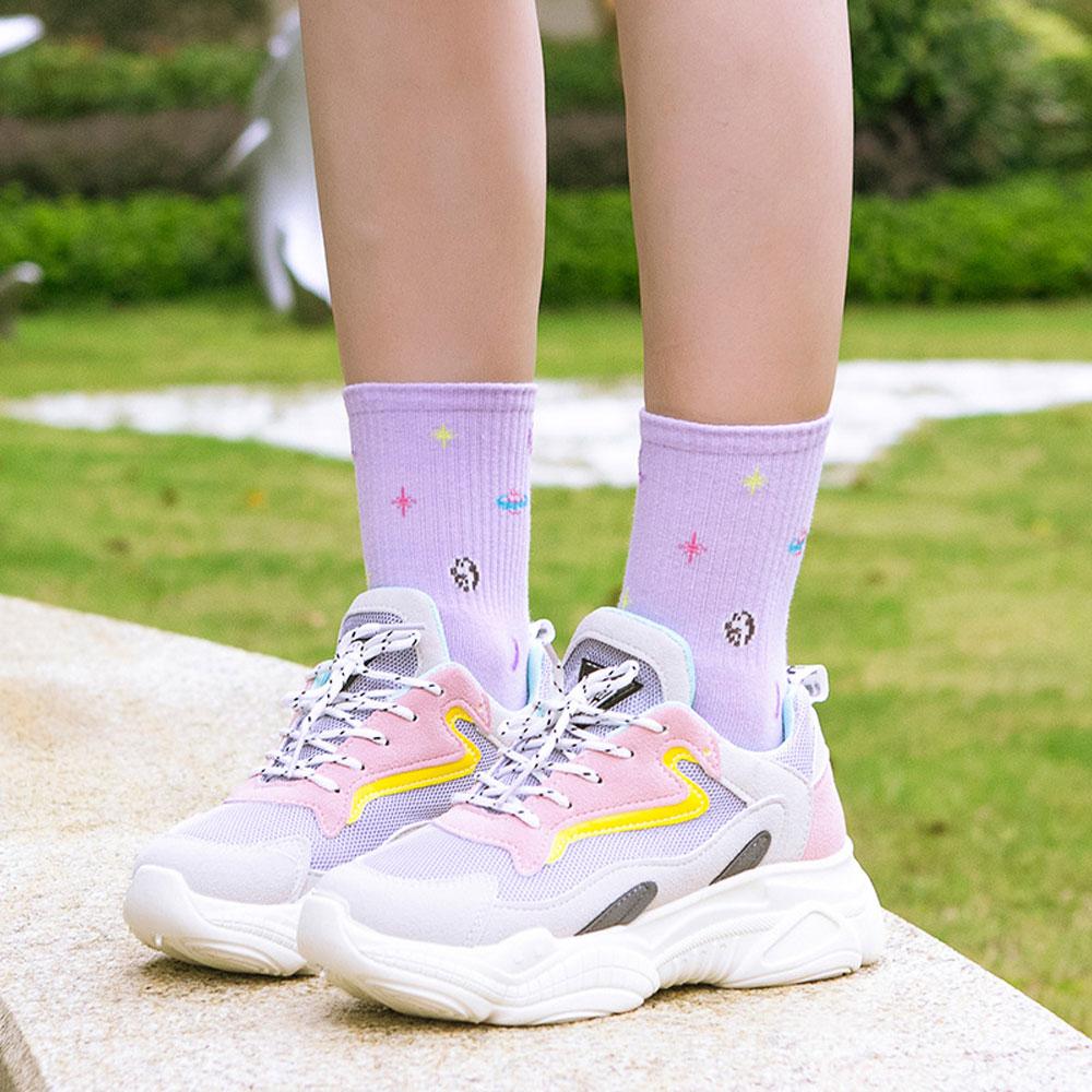 Женские носки, хлопковые короткие носки с планетой и космосом, милые короткие носки средней длины, розовые дизайнерские носки в стиле Харадзюку с луной и звездами, забавные носки