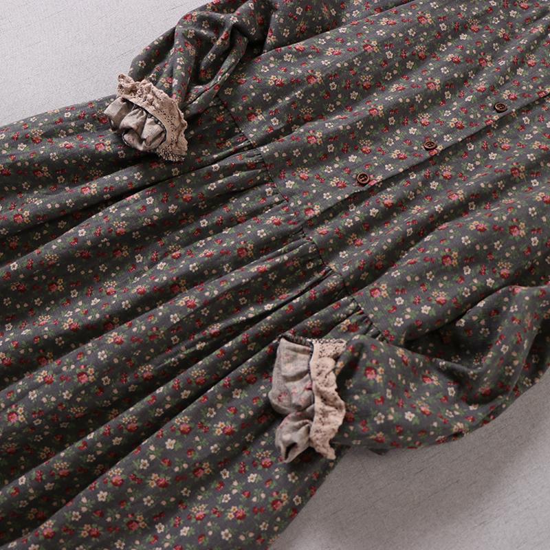 Mori Girl Autumn Spring Women Loose Long Dress Ruffled Collar Floral Cottagecore Dress Vintage Cotton Ruffles Elegant Chic Dress
