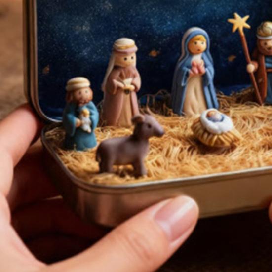 Miniature Christmas Nativity Set In A Tin Box Handcrafted Pocket Nativity Scene Gift Small Religiou Holy Family Ornament for Desk Shelf Travel Decor
