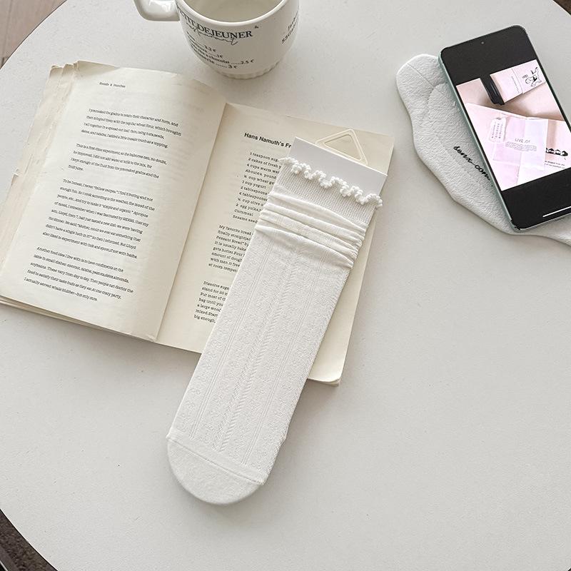 Женские белые кружевные носки до середины икры с рюшами, сетчатые - Весна/Лето, тонкие, однотонные, без швов