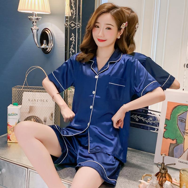 Women's Satin Pajamas Pocket Lapel Nightgown Pyjama Nightwear Short Sleeve Loungewear