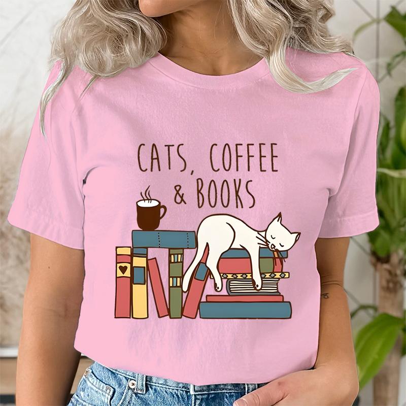 Кошки Кофе Книги Женские Милые Книголюбы Футболки Смешная Футболка для Любителя Книг Винтажные Футболки с Графикой Чтения Женские Книжные Топы Футболки