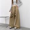 Army Green Retro Tooling Wide-leg Pants Women's Autumn New High-waisted Lace-up Flower Rope Lazy Scimitar Pants
