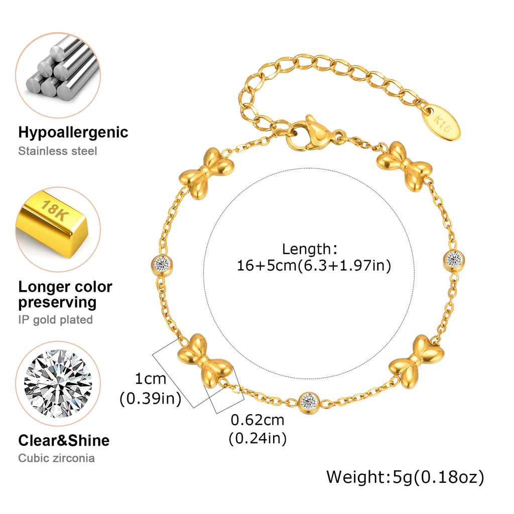 Exquisite Zircon Bowknot Stainless Steel Bracelet 18K Gold Plated Wrist Chain Fashion Party Waterproof Jewelry for Women Girl