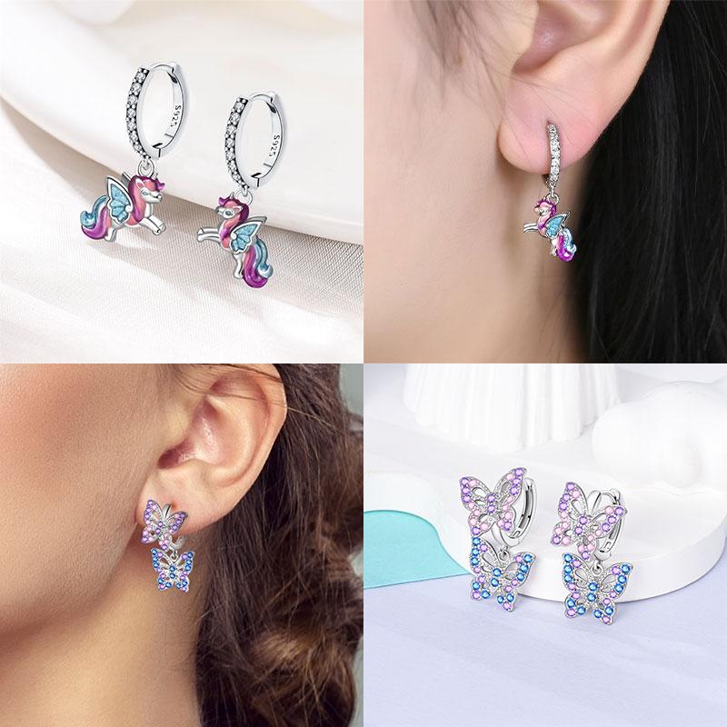 Pink Series 925 Sterling Silver Romantic Flower Butterfly Unicorn Tulip Geometry Earrings Boutique Fine Jewelry Gifts for Women