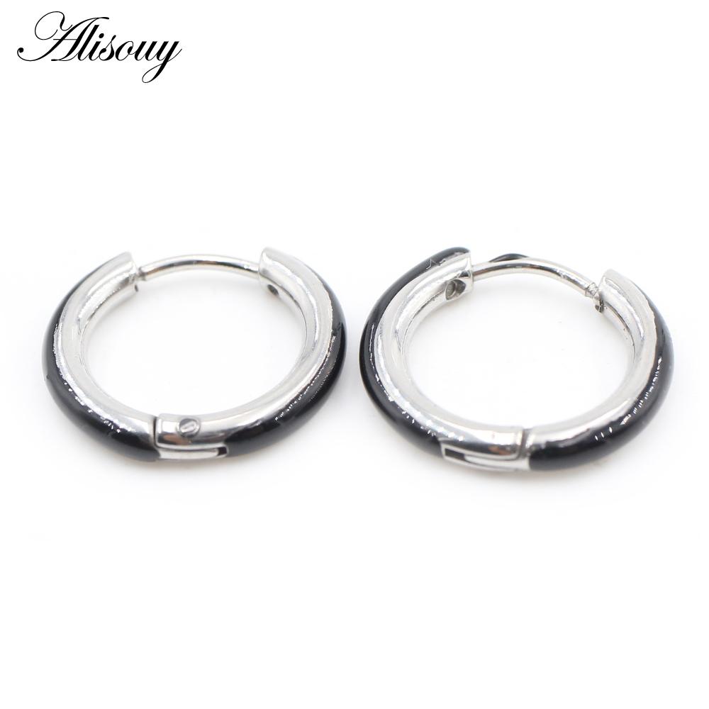 Alisouy 2PCS Punk Rock Hiphop Stainless Steel Enamel Circle Round Ear Helix Clip Huggie Buckle Women Men Unisex Hoop Earrings