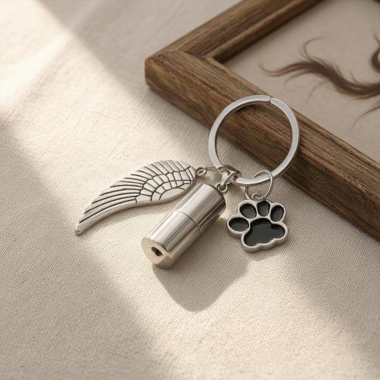 Stainless Steel Keychain Pendant Wings Paw Print Cylindrical Design Angel Ornament Compact Portable