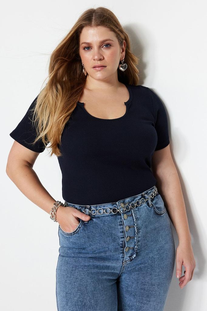 Women's Style Plus Size Navy Blue Collar Detailed Ribbed Knitted T-shirt