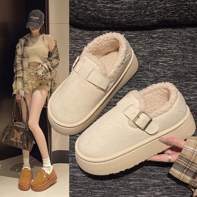 Мода 2024 года, женская зимняя новая мода, круглая пряжка, однотонный комплект из толстой подошвы, универсальная удобная хлопковая обувь