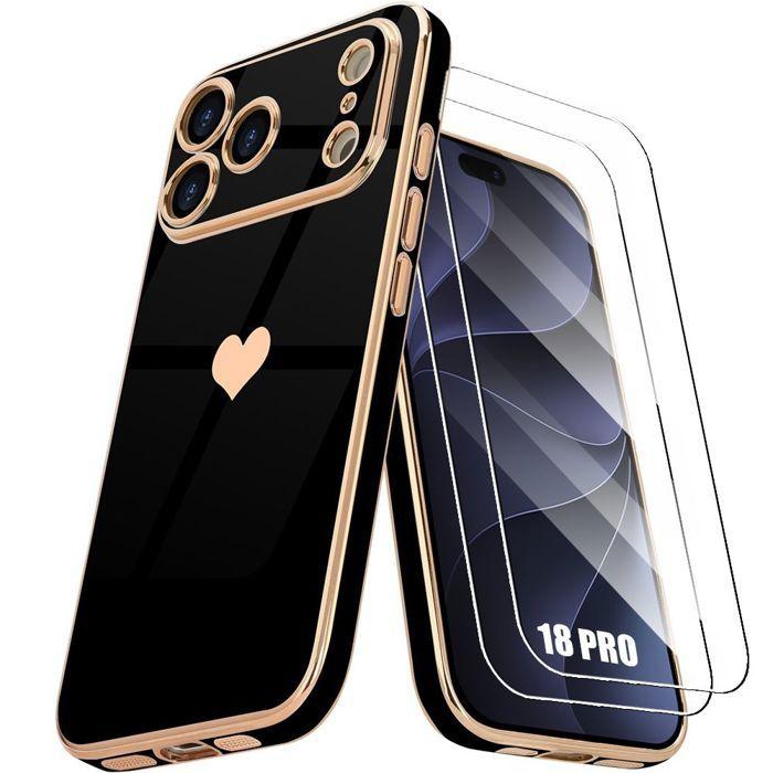 Coque pour iPhone 18 Pro, Silicone Motif Cœur Antichoc Anti-Rayures Slim - Noir - 2 Verres Trempés