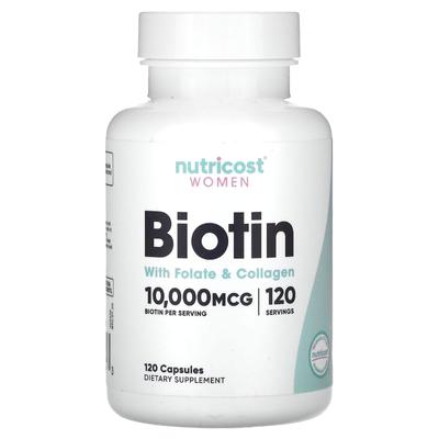 Для женщин, с биотином, фолиевой кислотой и коллагеном, 10 000 мкг, 120 капсул