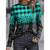 Round Neck 3D Plaid Leopard Print Color Blocking Printed Top Casual Long Sleeved Women's T-shirts - Medium Stretch Fabric Spring and Autumn Clothing
