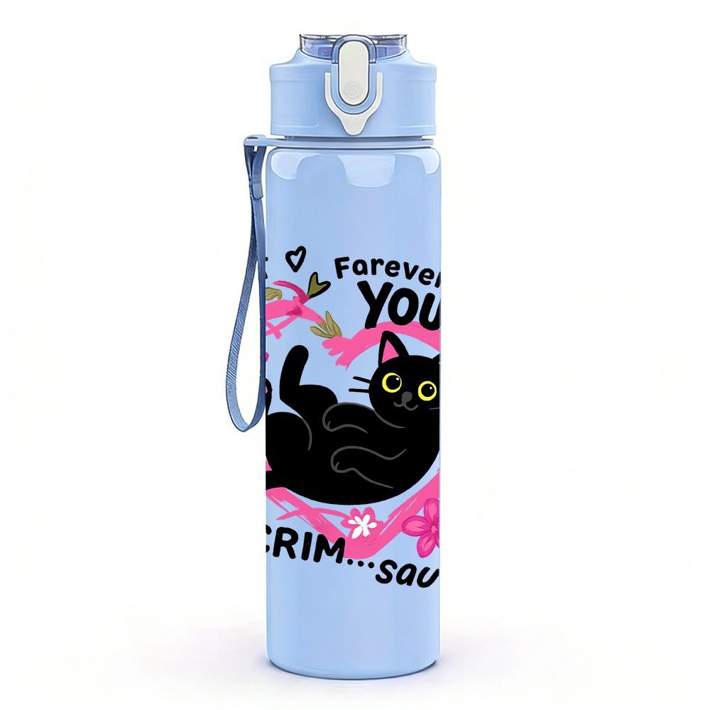 1PC Punk Black Cat Circle Text 750ml Color Plastic Sports Water Bottle Leakproof Flip Straw Lid Suitable for Sports Office Home Use