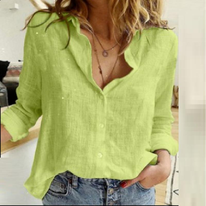 Turn Down Collar Long Sleeve Buttoned Cotton Shirts Women Solid Color Loose Plus Size Tops White Blue Blouse
