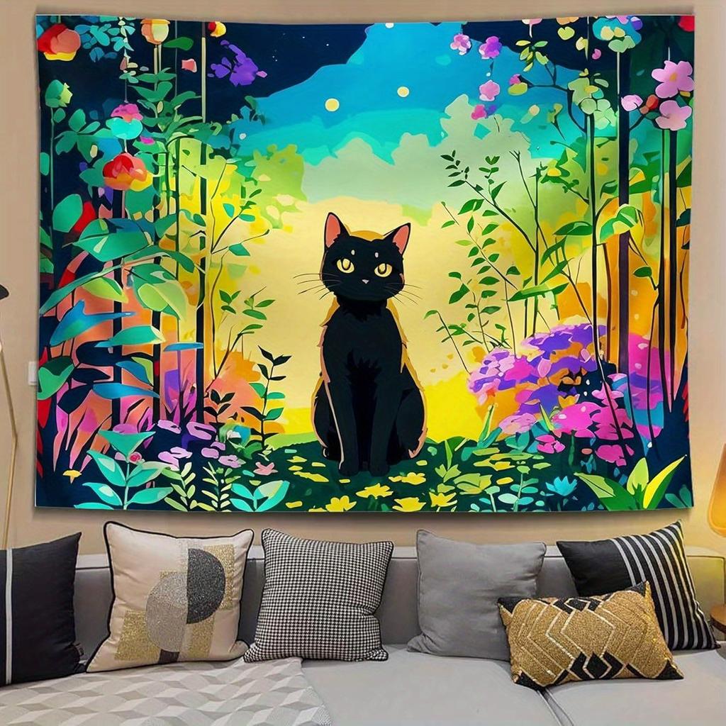 Enchanting Black Cat in Vibrant Forest Tapestry Wall Decor for Bedroom Living Room Cozy Atmosphere and Unique Style Enhancement