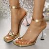 Модные золотые серебряные босоножки на очень высоком каблуке женские в форме сердца с кристаллами на клипсах туфли для вечеринок модные на тонком каблуке с квадратным носком ПВХ шлепанцы
