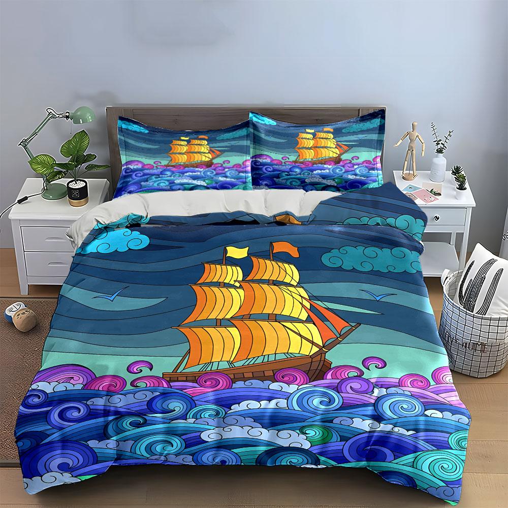 Colorful Ocean Sailboat Decor Set Bedding Set with 1 Duvet Cover 2 Pillowcases Single Double King Queen, Gift