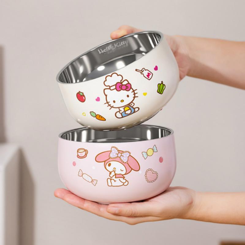 Для Sanrio Kawaii Hello Kitty Kuromi Миска для риса Миска для супа Детская миска из стали 316 Двухслойная теплоизоляция и защита от ожогов Посуда
