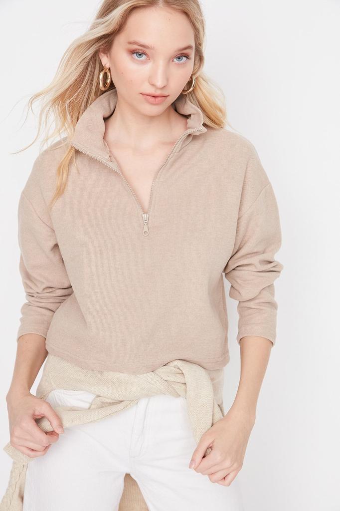 Women's Fashionable Stylish Sweatshirt Black Thessaloniki Knitwear Look Zipper Collar Regular Normal Fit Knitted Sweatshirt