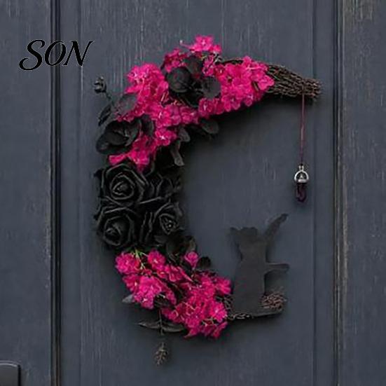 Autumn Seasonal Door Decorations Halloween Black Cat Moon Wreath, Gothic Crescent Grapevine Wreath with Party Wall Ornaments Rose Flowers, Spooky