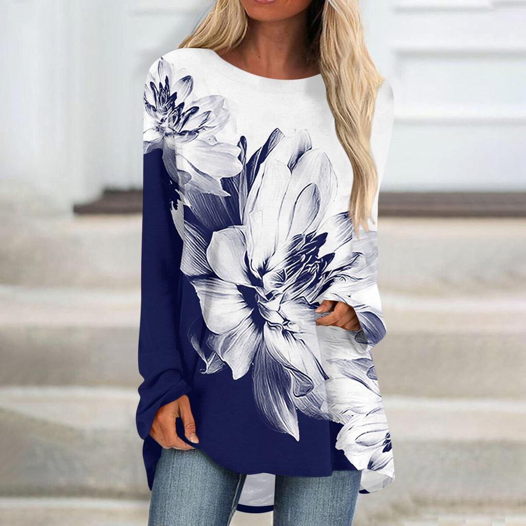 Women's Fashion Casual T-shirt Gradient Long Sleeve Round Neck Medium Long Top