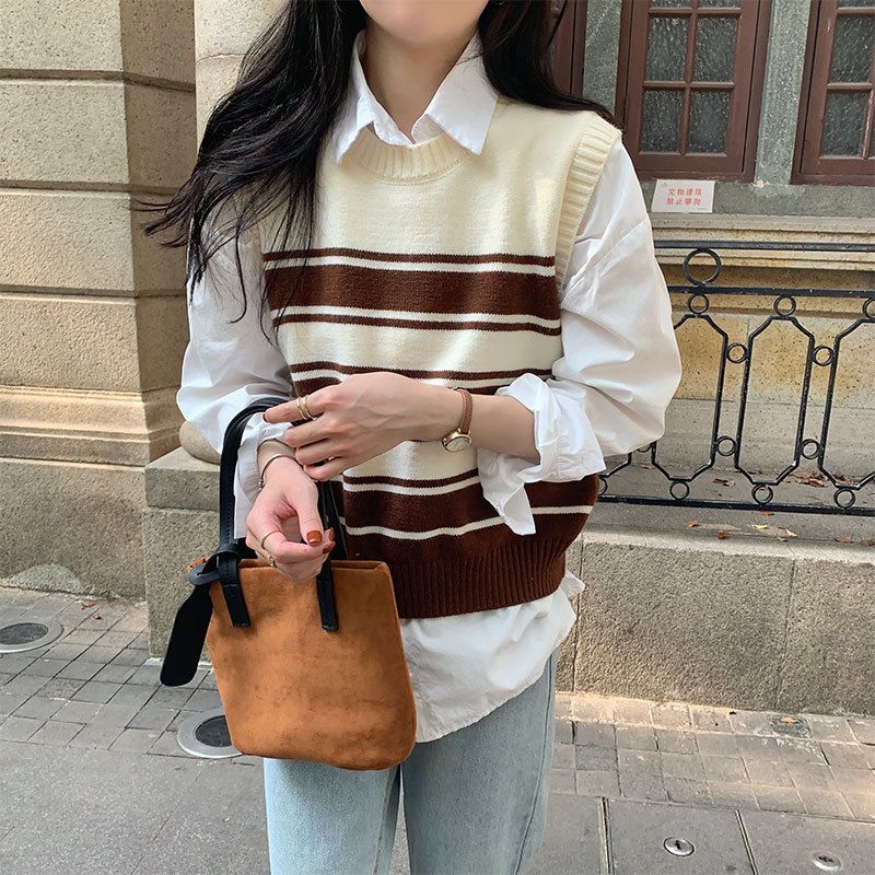Sweater Vest Autumn and Winter Korean Edition Contrast Stripe Inner Knitted Vest Female Sleeveless Sweater Pullover Female Top