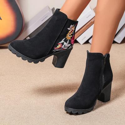 2024 Модные вышитые ботинки-модемы Бренд Женская обувь На молнии Женские ботинки Высокое качество Круглый носок Высокие каблуки Голые ботинки Zapatos