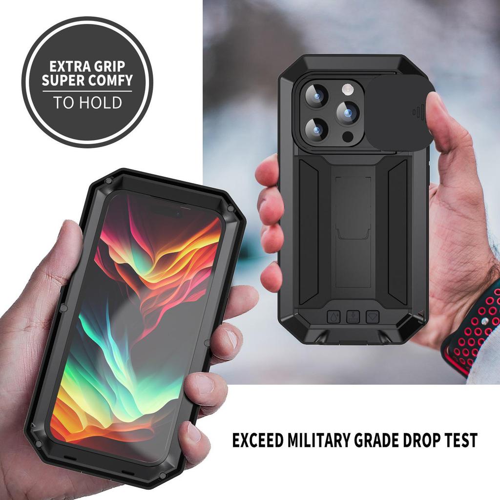 Невидимая подставка Металлическая тройная защита Чехол для телефона для iPhone 17/16 Pro, Защитная крышка с защитой от падения и выдвижным окном.