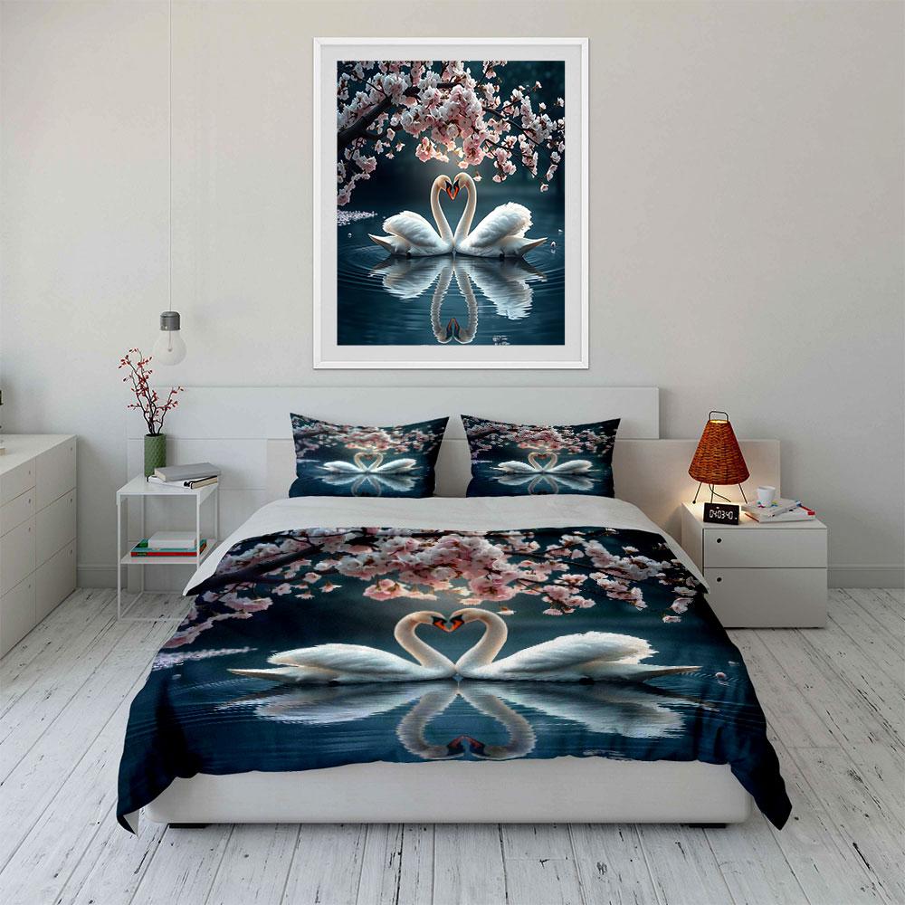 Swans and Cherry Blossom Scene Bedding Duvet Cover Set (1*Duvet Cover 2*Pillowcases, without duvet insert)