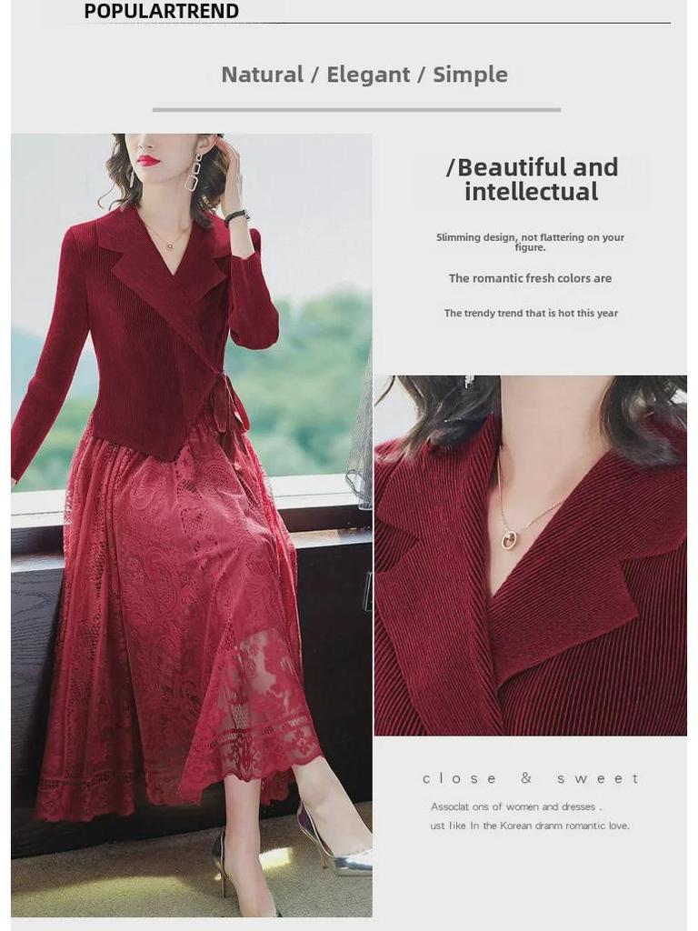 Платье средней длины из плиссированного бархата с приталенным воротником и плиссировкой - коллекция осень 2025 г.