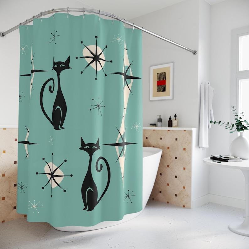 Шторка для душа Atomic Cat в стиле Mid-Century Modern – Ретро Эстетика для Ванной, Подарок Любителю Кошек в Стиле MCM