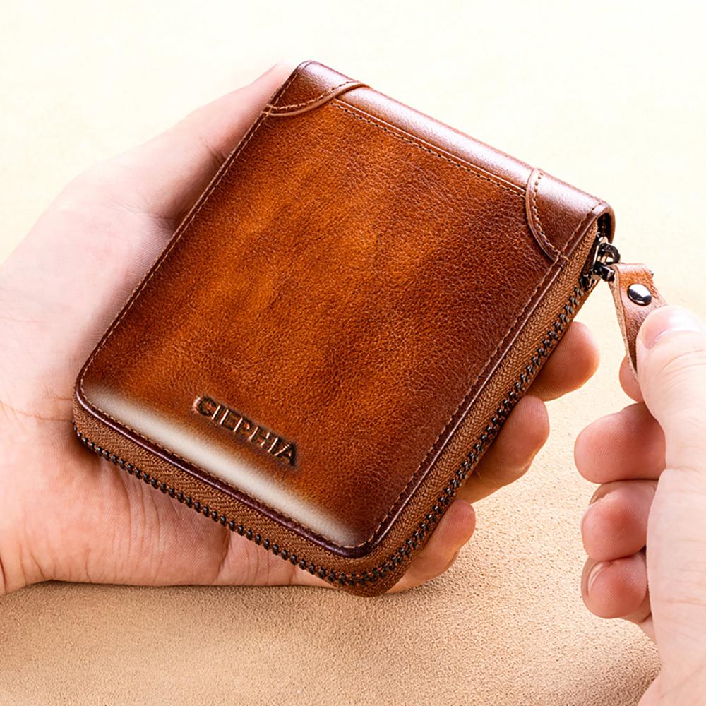 Кошелек из натуральной кожи для мужчин, RFID-блокировка, двойная молния, кошельки, верхний слой из воловьей кожи, многофункциональный ID, держатель для кредитных карт, сумка для монет