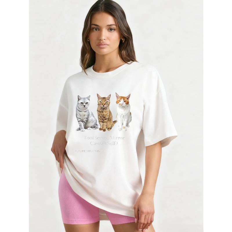 Oversized T Shirt Black Three Cats Print Tool Series Mirror Casual Self Text Graphic Tee Women Casual Wear Streetwear Fashion