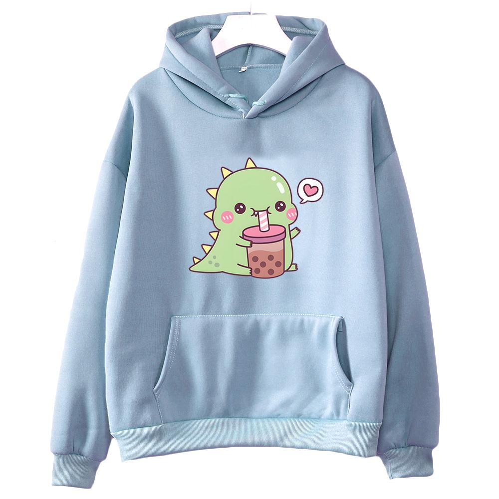 Kawaii/милый Boba Tea Dinosaur Hoodies Women/Men Casual Hoody Winter Fleece Clothing Long Sleeve Korean Esthetic Pullover