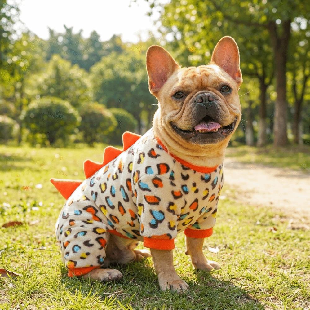 Thickened Leopard Print Dinosaur Dog Jumpsuit with D-Ring Dog Towing Suit Dog Coat Outdoor Wear