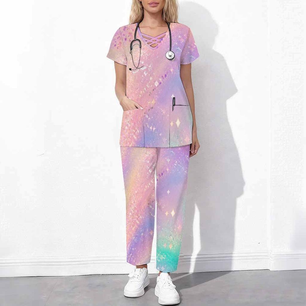Women Plus Size Printed Scrub Set Crisscross Cutout Neck Short Sleeve Top Long Pants With Pockets