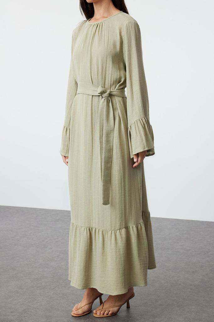 Women's Style Hijab Dress Mint Skirt Ruffled Seersucker Dress