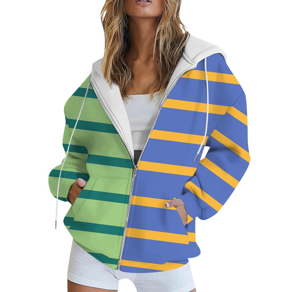 Women's Long Sleeve Print Sweatshirt Long Sleeve Pocket Jacket Zipper Hoodie Coat