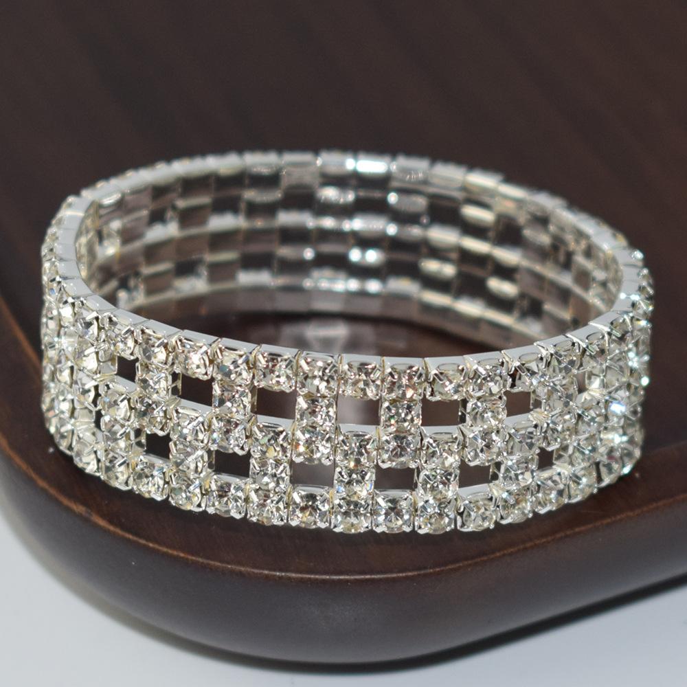 Europe and America Cross Border Fashion Multi-Layer Elastic Hollow Rubber Band Full Rhinestone Bracelet Exaggerated Wide Bangle
