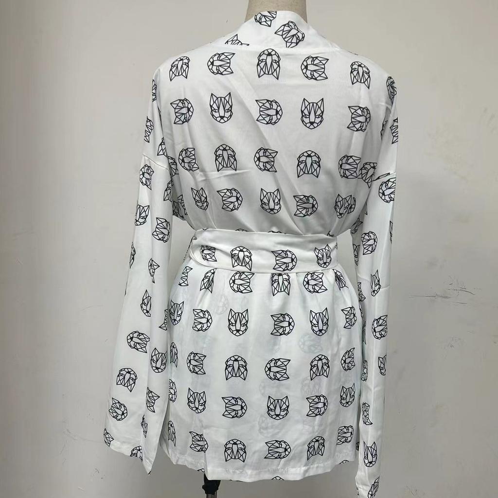 BITCED Loose Long Sleeve Women's Print Casual Commuter Lace-up Pajamas High-waisted Shorts Set