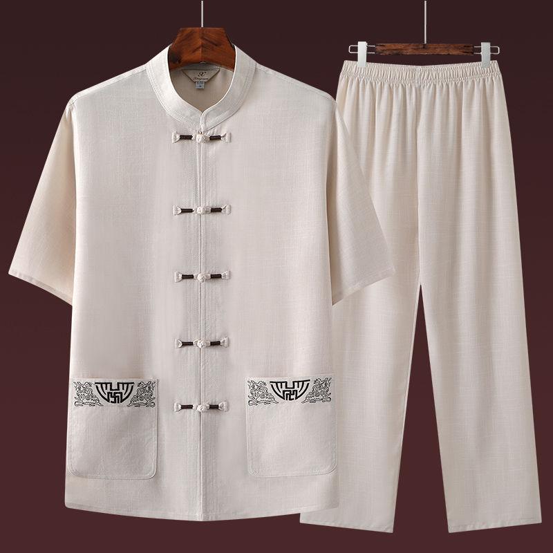 Летний модный короткий рукав хлопок лен мужской повседневный удобный дышащий комплект из двух предметов