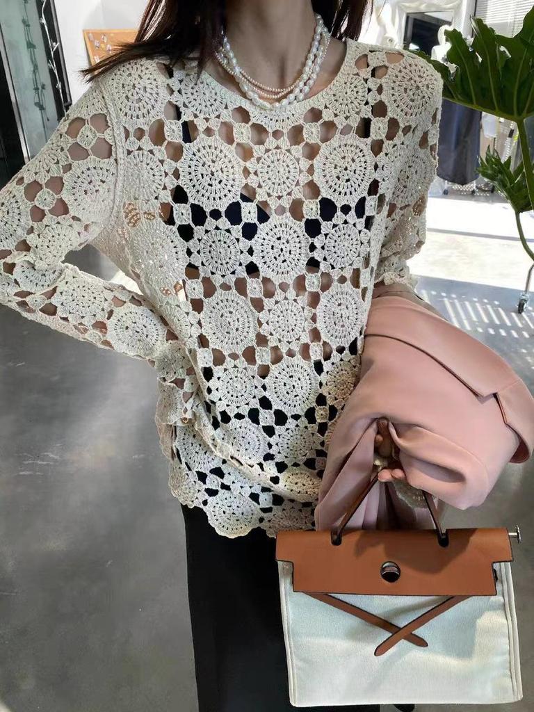 Chic Knitted Hollow-Out Sweater | Plus Size French Style | Loose Long Sleeve | Early Autumn Women's Outerwear