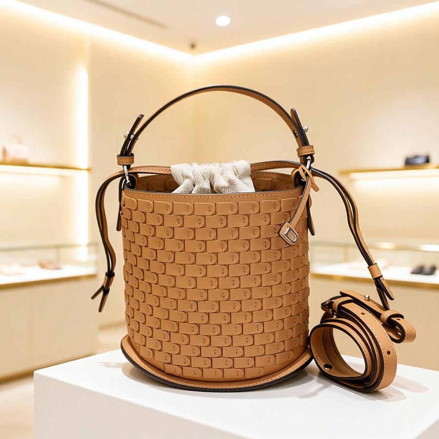 Haute couture version hand-woven bucket bag women's 2026 new first-layer cowhide woven bag fashionable versatile shoulder bag