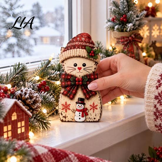 Wooden Desktop Decorations 3Pcs Christmas Cat Tabletop Decor, Rustic 2D Figurines with Xmas Window Decor Hat, Santa & Gingerbread Patterns for Holiday