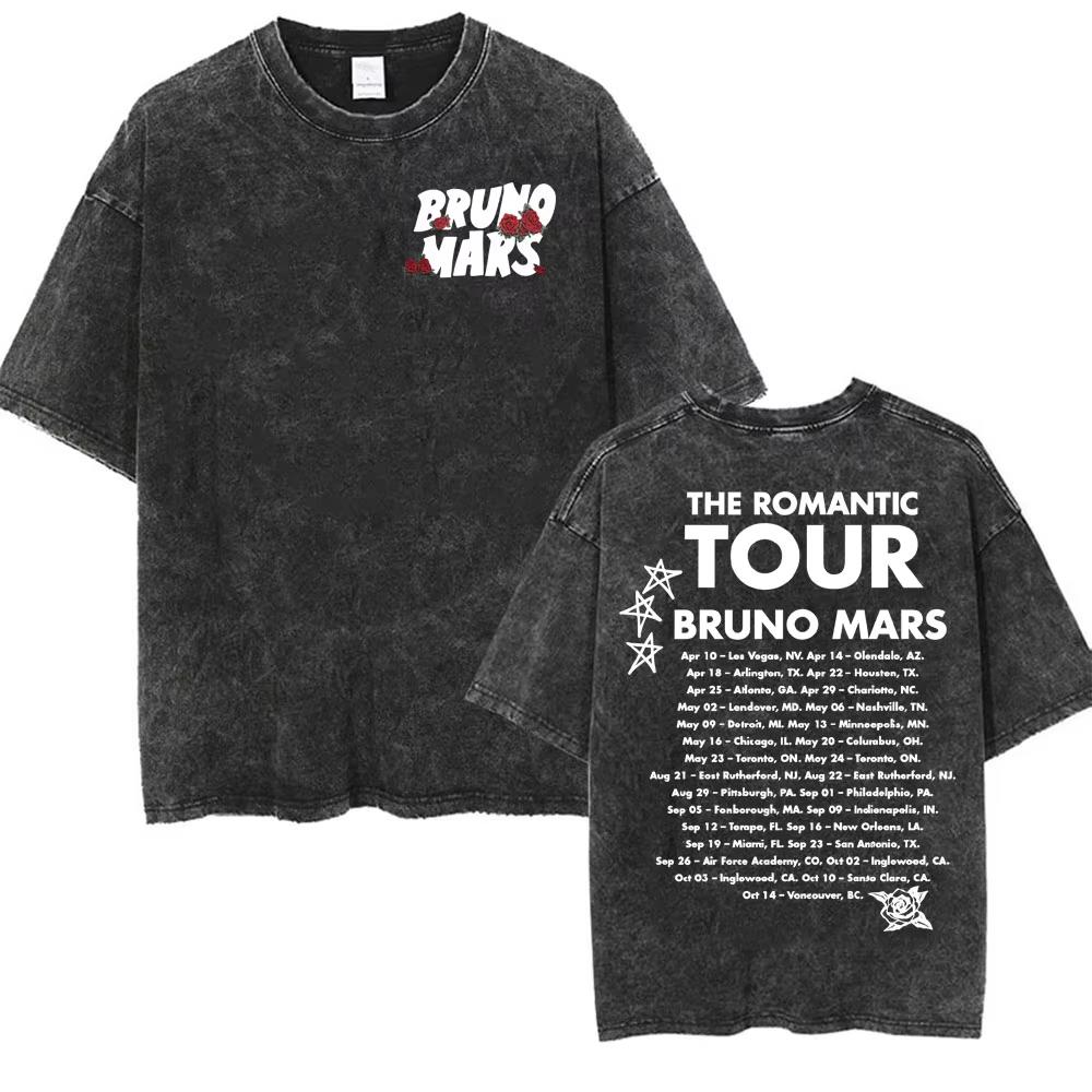 Bruno Mars The Romantic Tour 2026 Vintage Washed T Shirt Men Women Fashion Hip Hop Pop Music T-shirt Summer Casual Cotton Tshirt