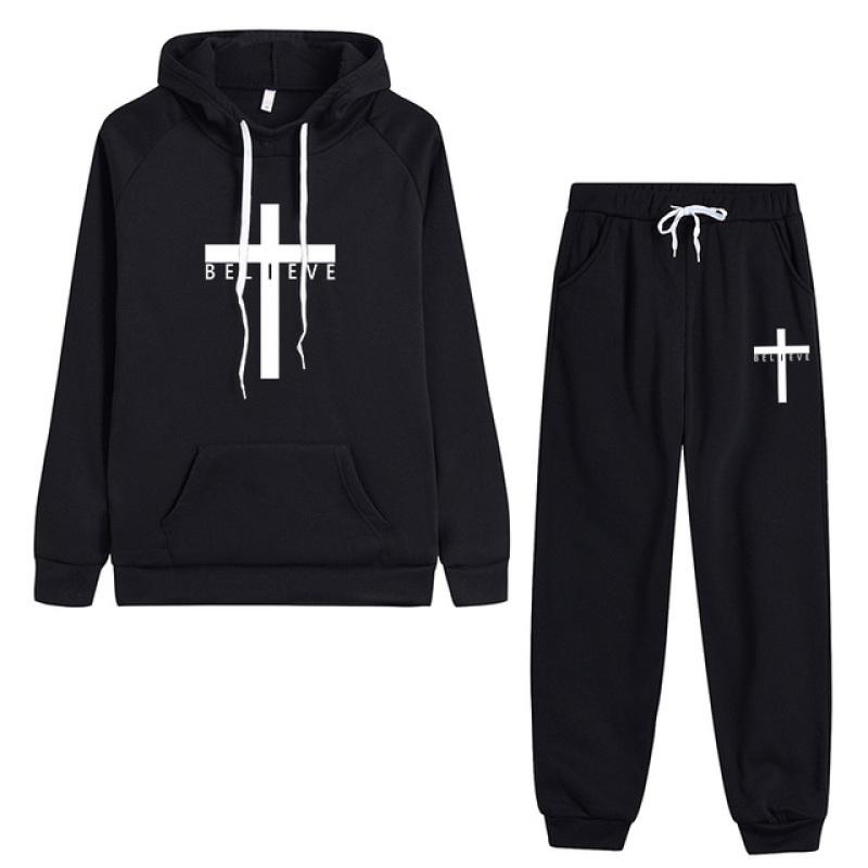 Jesus Crucifix Faith Printed Pant Sets Women Hoodie Sweatpants Solid Color Tracksuit Ladies Daily Casual Sport Jogging Suit